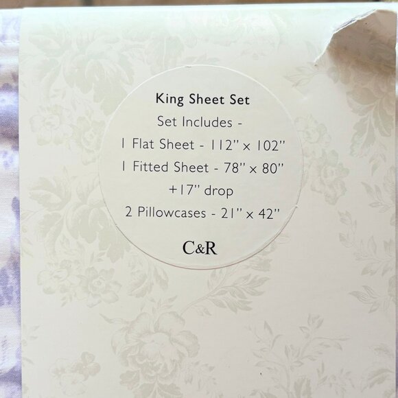 Cabbages & Roses KING Size Sheet Set Alderney-Lilac Crisp Cotton Percale - Picture 4 of 6